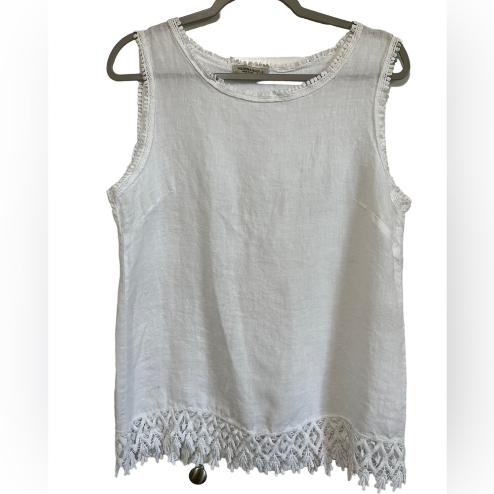 Valentina Naldi White Linen Sleeveless Top Lace Fringe Hem Size Large Italy